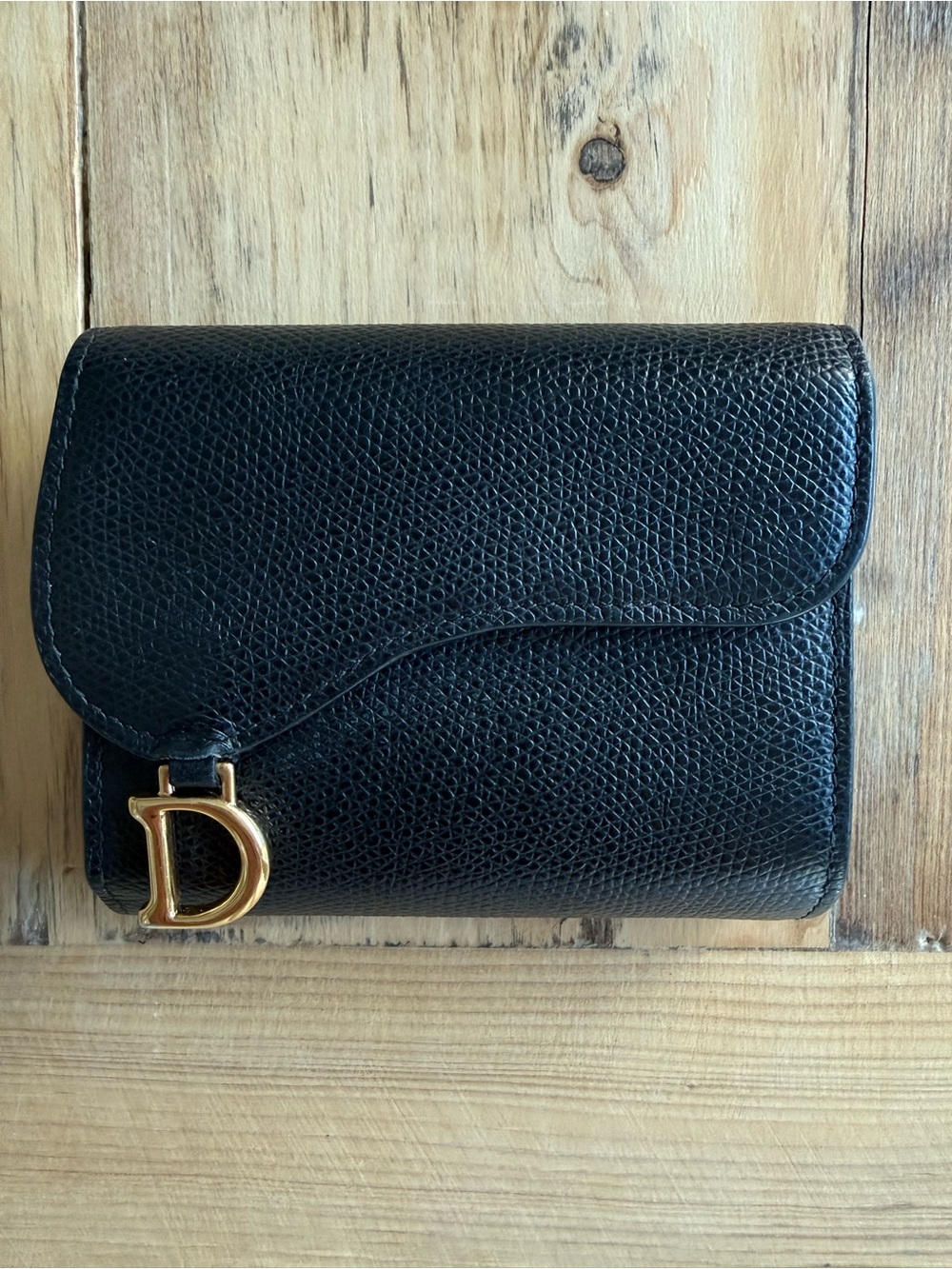 Christian Dior Vintage Saddle Trifold Wallet, Black Leather, Gold D Clasp